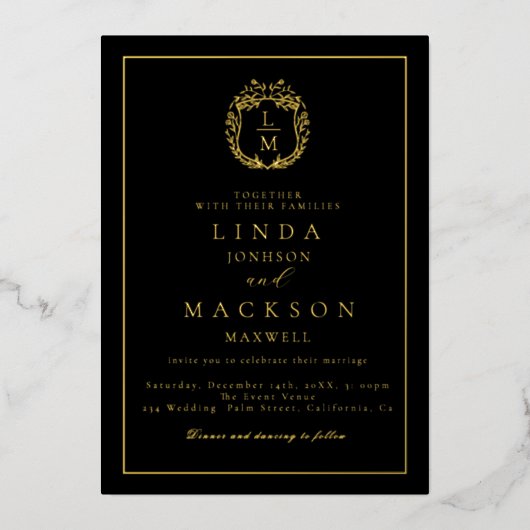 Black and gold botanical crest monogram wedding 箔招待状 (正面)