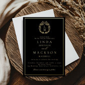 Black and gold botanical crest monogram wedding 箔招待状