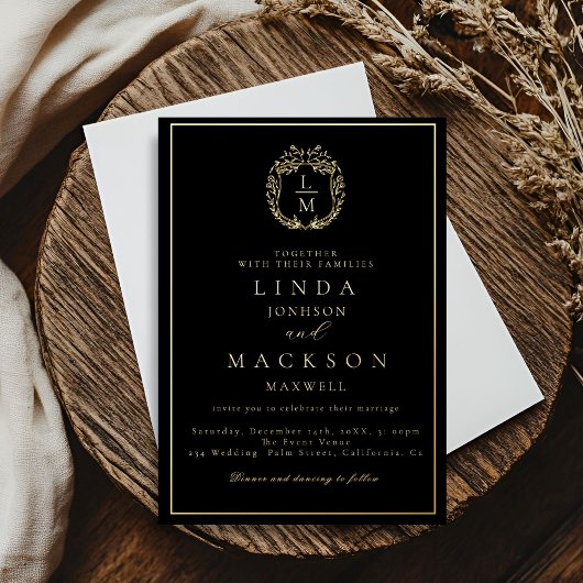 Black and gold botanical crest monogram wedding 箔招待状