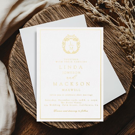 Black and gold botanical crest monogram wedding 箔招待状
