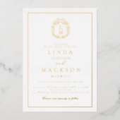 Black and gold botanical crest monogram wedding 箔招待状 (正面)