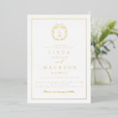 Black and gold botanical crest monogram wedding 箔招待状 (立ち正面)
