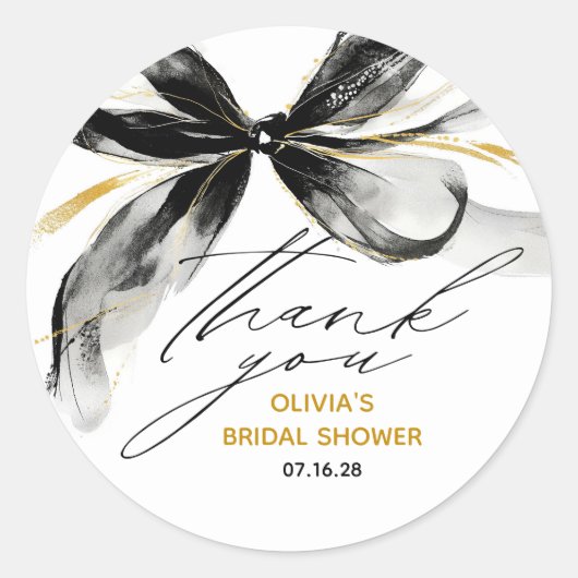 Black and Gold Bow Chic Whimsical Bridal Shower ラウンドシール (正面)