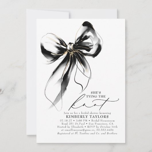 Black and Gold Bow Elegant Whimsical Bridal Shower 招待状 (正面)