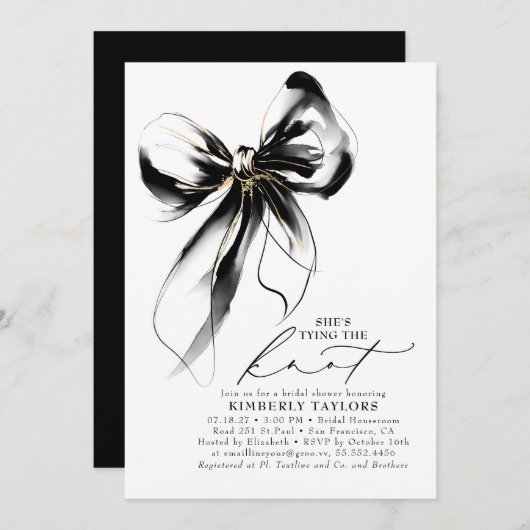 Black and Gold Bow Elegant Whimsical Bridal Shower 招待状 (正面/裏面)