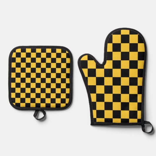 Black and gold checkerboard pattern 鍋つかみ&鍋敷きセット (正面)