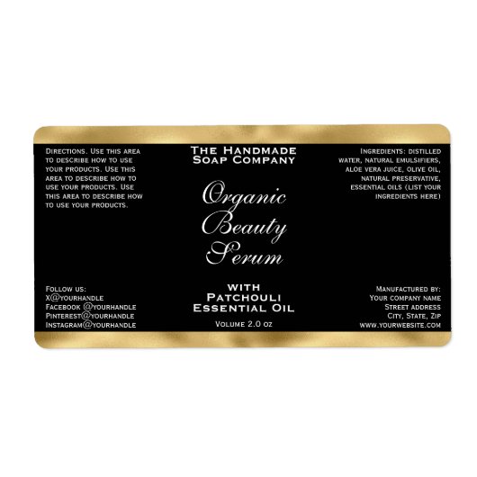 Black and Gold Cosmetics Dropper Bottle Label ラベル (正面)