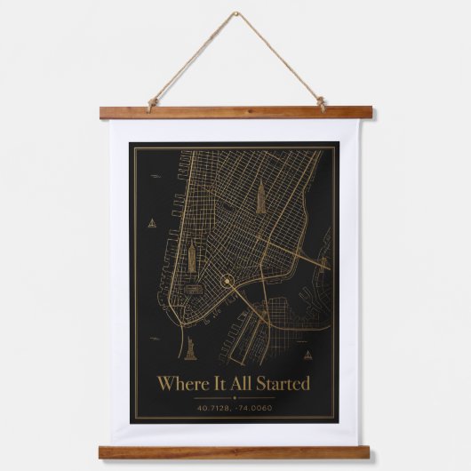 Black and Gold Custom City Map Hanging Canvas Wall 吊り下げ型タペストリー (正面)