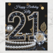 Black and Gold Diamond White Rose 21st Birthday ワインラベル (シングルラベル)