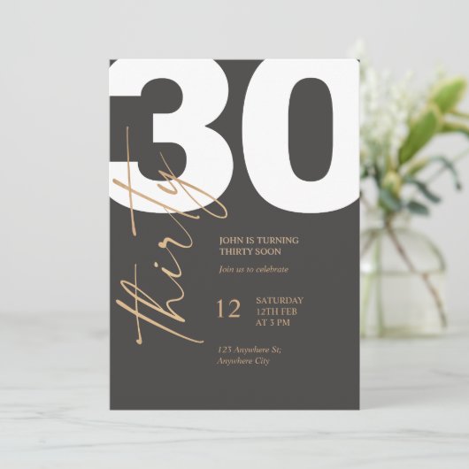 Black and Gold Elegant 30th Birthday 招待状 (スタンド正面)