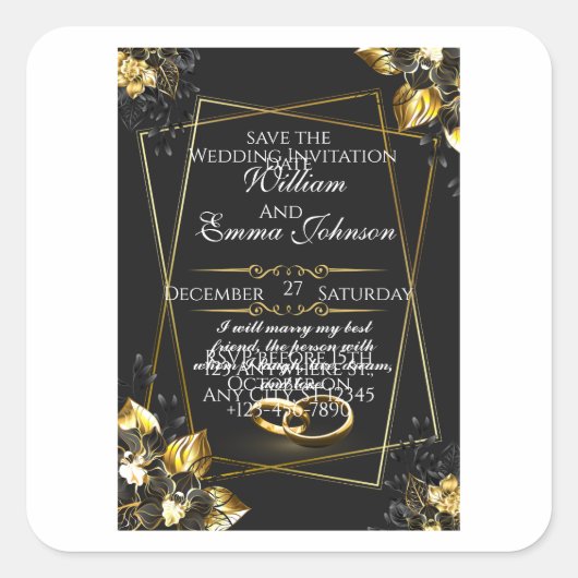 Black and Gold Elegant Wedding  スクエアシール (正面)