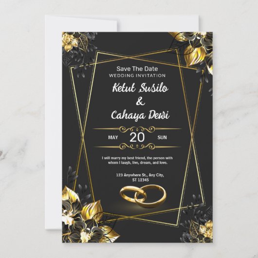 Black and Gold Elegant Wedding Invitation 招待状 (正面)