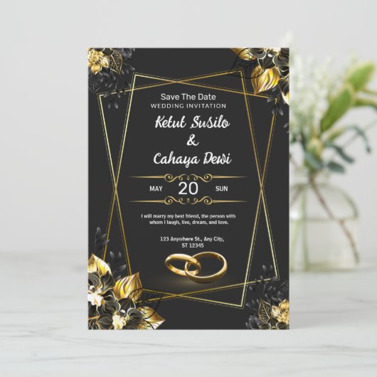 Black and Gold Elegant Wedding Invitation 招待状 (スタンド正面)