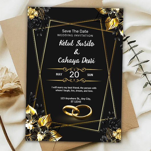 Black and Gold Elegant Wedding Invitation 招待状