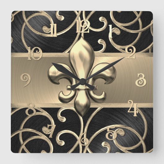 Black and Gold Filigree Swirls Fleur de Lis スクエア壁時計 (正面)