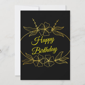 Black and Gold Floral Birthday Greeting Card 招待状