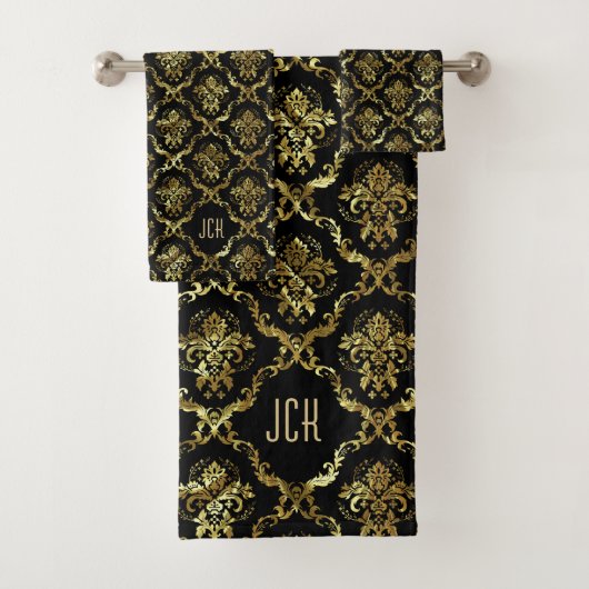 Black And Gold Floral Damasks Monogram バスタオルセット (インサイチュ)