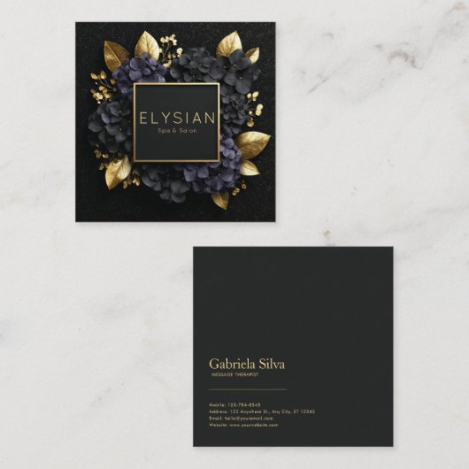 Black and Gold Floral Geometric Hydrangea スクエア名刺 (正面/裏面)