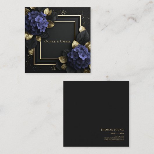 Black and Gold Floral Geometric Hydrangea スクエア名刺 (正面/裏面)