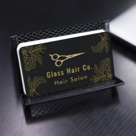 Black and Gold Floral Hair Salon Elegant Luxury 名刺