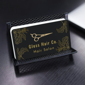 Black and Gold Floral Hair Salon Elegant Luxury 名刺