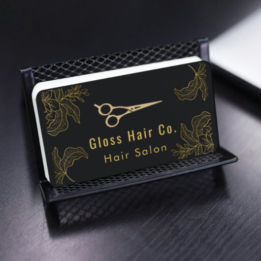 Black and Gold Floral Hair Salon Elegant Luxury 名刺