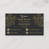 Black and Gold Floral Hair Salon Elegant Luxury 名刺 (裏面)