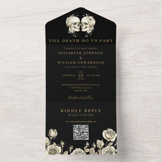 Black And Gold Floral Skulls QR Code Goth Wedding オールインワン招待状 (内側)