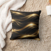Black and Gold Fluid Wave Pattern Throw Pillow クッション (ブランケット)