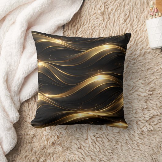 Black and Gold Fluid Wave Pattern Throw Pillow クッション (ブランケット)