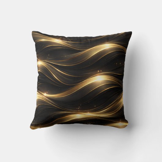 Black and Gold Fluid Wave Pattern Throw Pillow クッション (裏面)