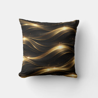 Black and Gold Fluid Wave Pattern Throw Pillow クッション