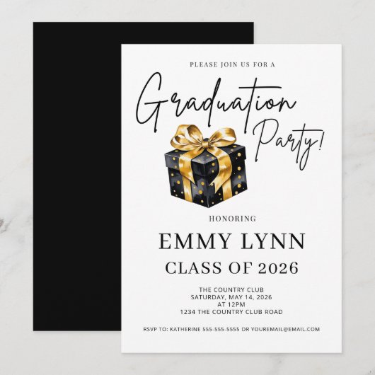 Black and Gold Gift Class of 2026 Graduation Party 招待状 (正面/裏面)