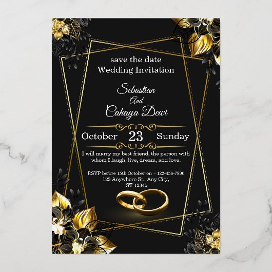 Black and Gold Glam Luxury Wedding Invitation  箔招待状 (正面)