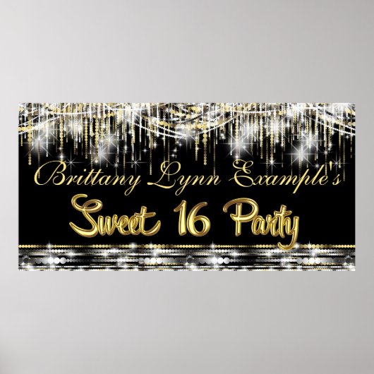 Black and Gold Glam Sweet 16 Party Banner ポスター (正面)