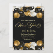 Black and Gold Glitter New Year's Eve Party 招待状 (正面)