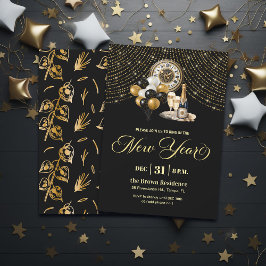 Black and Gold Glitter New Year's Eve Party  招待状
