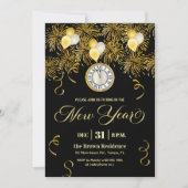 Black and Gold Glitter New Year's Eve Party  招待状 (正面)