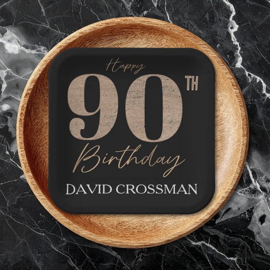 Black and Gold Glitter Numeral 90th Birthday  ペーパープレート