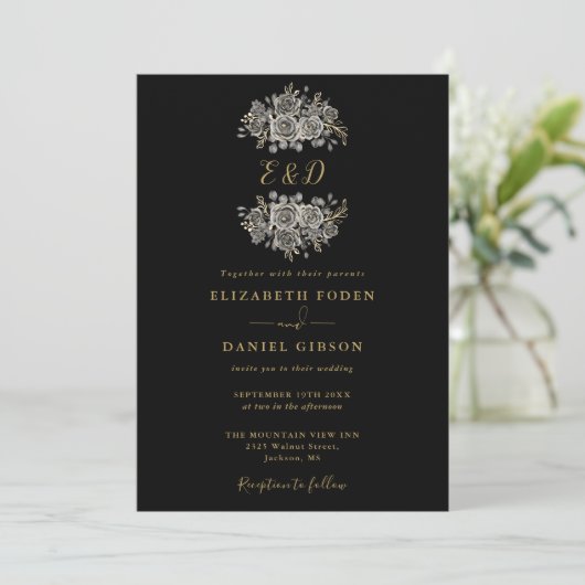 Black And Gold Gothic Floral Monogram Wedding 招待状 (スタンド正面)
