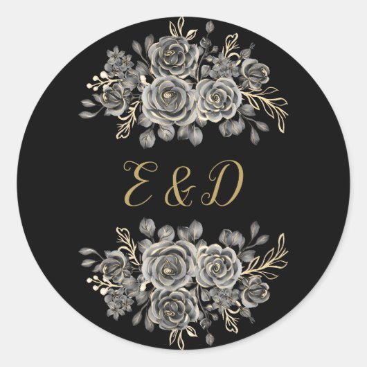 Black And Gold Gothic Floral Roses Monogram ラウンドシール (正面)
