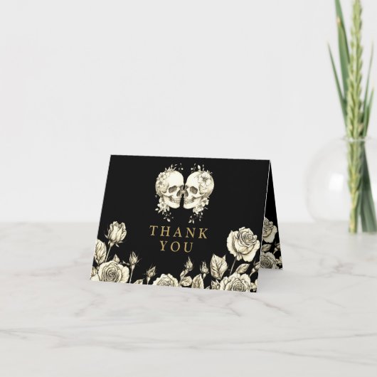 Black And Gold Gothic Floral Skulls Wedding サンキューカード (正面)