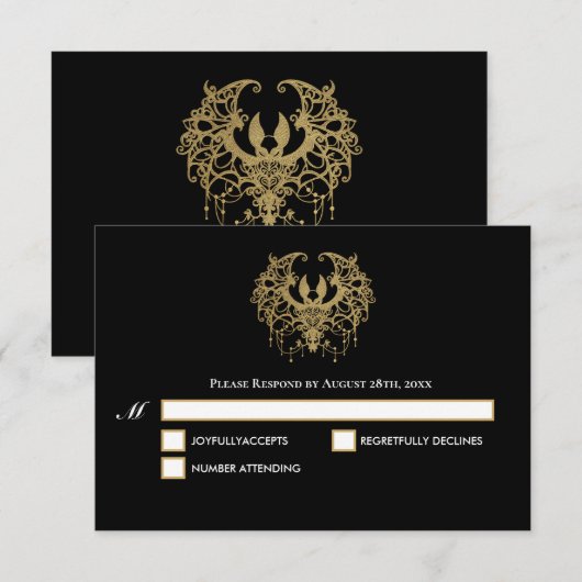 Black and gold Gothic Halloween Wedding RSVP Card (正面/裏面)