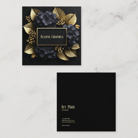 Black and Gold Hydrangea Floral Geometric Modern スクエア名刺 (正面/裏面)