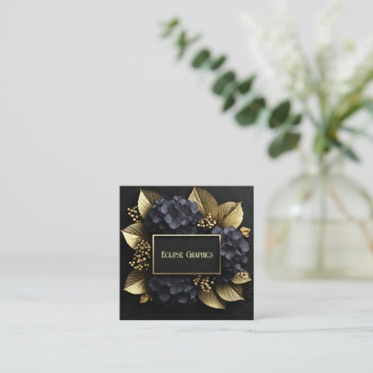Black and Gold Hydrangea Floral Geometric Modern スクエア名刺 (スタンド正面)