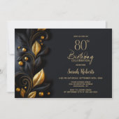 Black and Gold Leaves 80th Birthday Party 招待状 (正面)