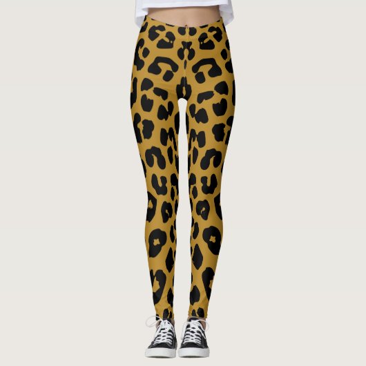 Black and Gold Leopard Print Safari Pattern レギンス (正面)