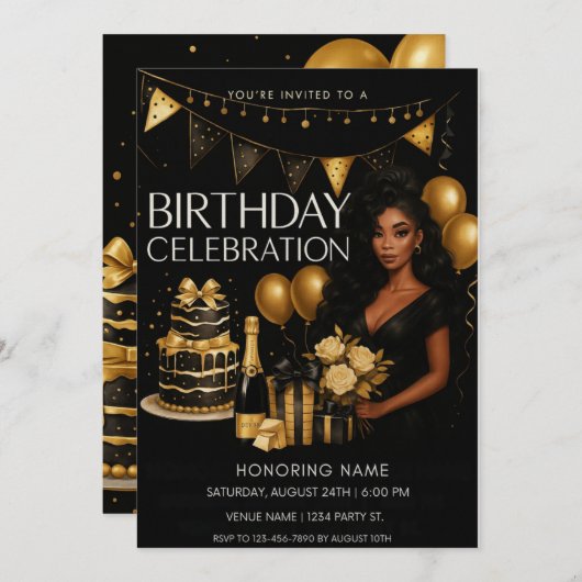 Black and Gold Luxury Birthday Invitation 招待状 (正面/裏面)