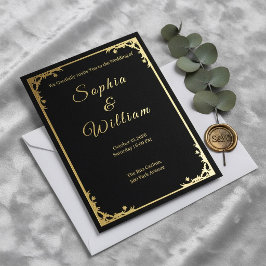 Black and Gold Luxury Wedding Invitation with Eleg 箔招待状