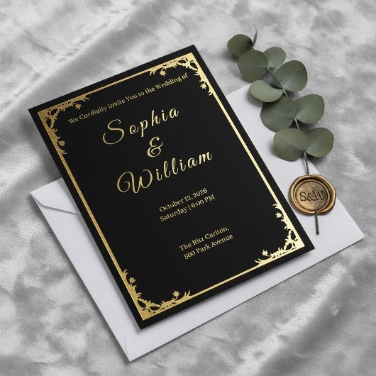 Black and Gold Luxury Wedding Invitation with Eleg 箔招待状